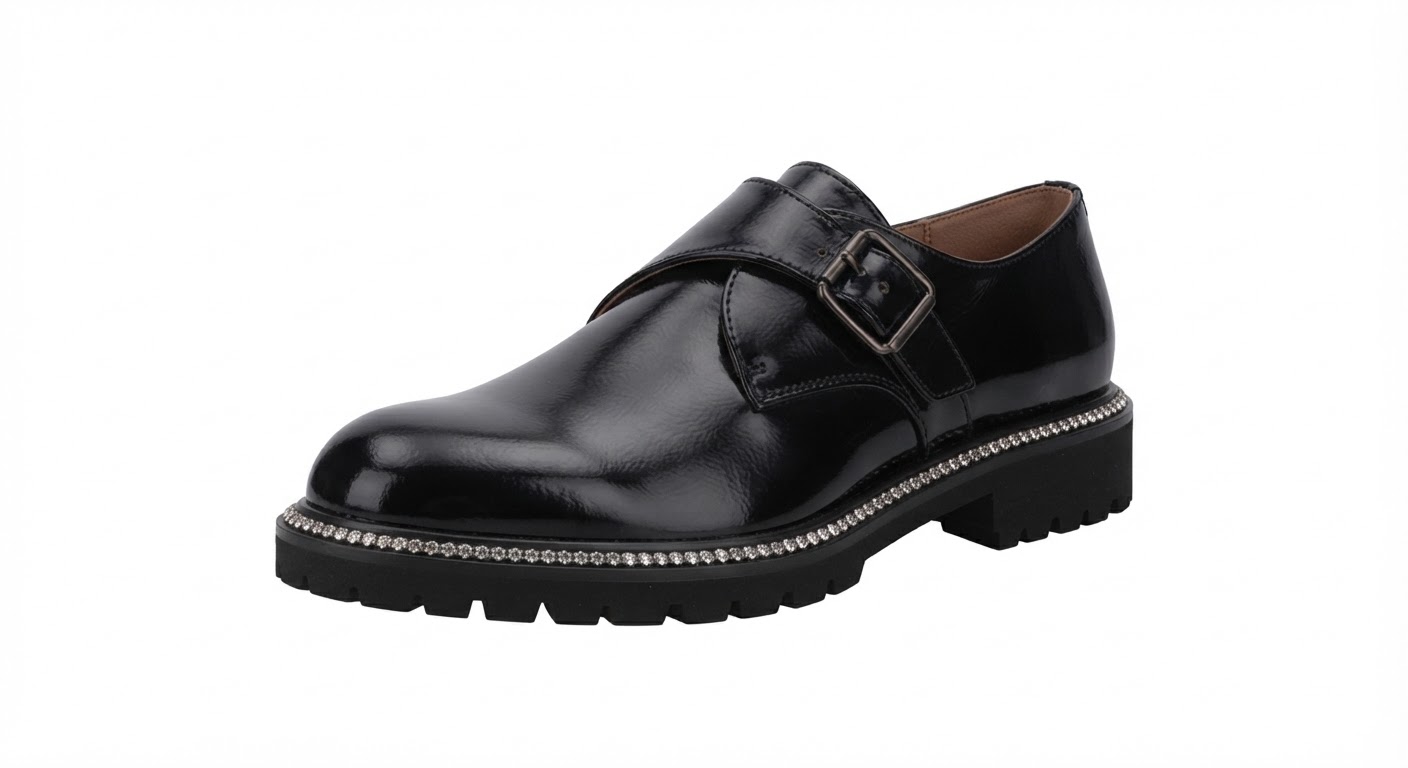Rhinestone-Welted Patent Monk Strap Shoe