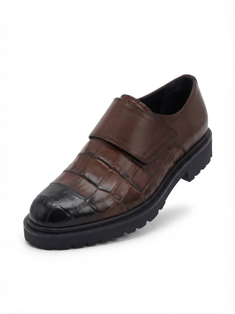 Brown Croc-Embossed Lug-Sole Monk Shoe