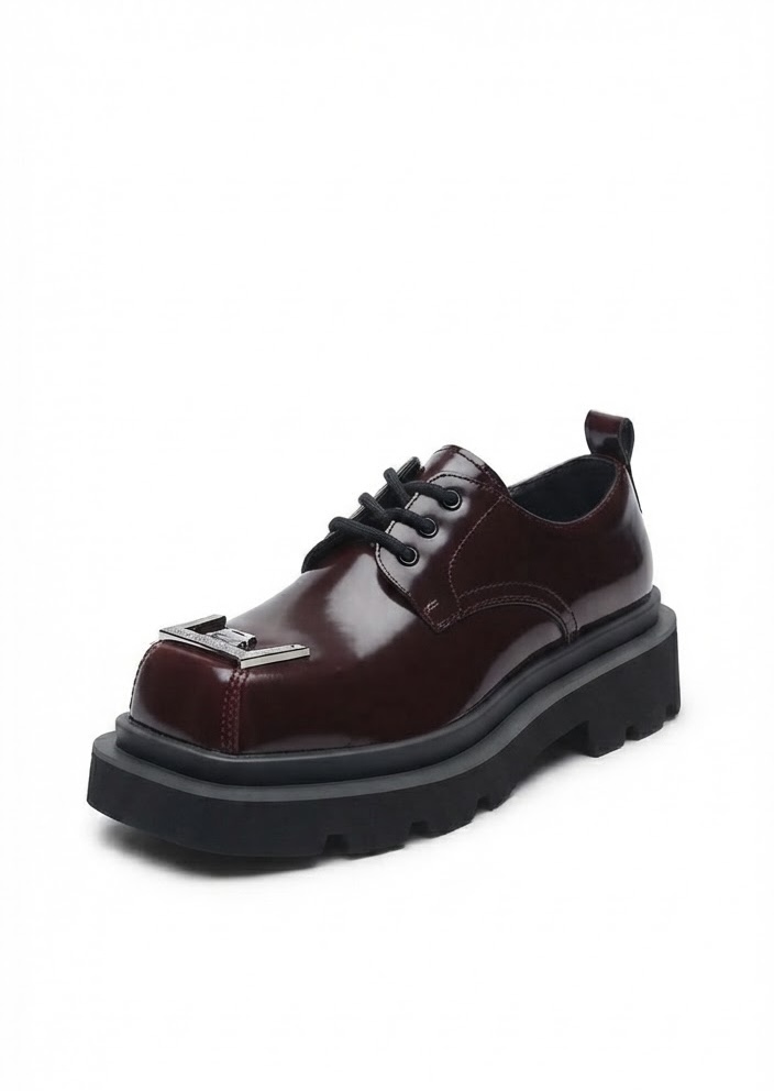 Burgundy Patent Leather Square-Toe Lug-Sole Derby Shoe with Metal Toe Plate